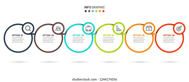 Business infographics. Process chart. Timeline elements with 6 steps, options, circle. Vector illustration. Can be used for workflow diagram, graph, report, business template for presentation. 