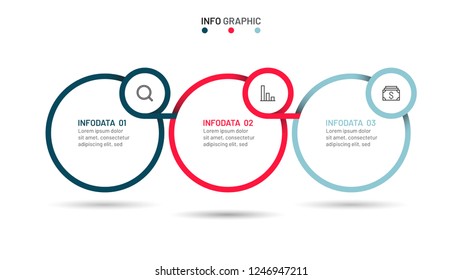 Business infographics. Process chart. Timeline elements with 3 steps, options, circle. Vector illustration. Can be used for workflow diagram, graph, report. Creative design with marketing icons.
