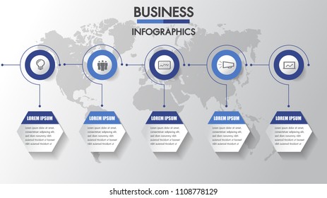 Business infographics process. Timeline with 6 steps, options, arrows, circle blue. Vector template Illustrator.