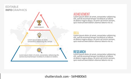 Business infographics. Pyramid with 3 steps, levels, steps. Editable stroke, vector  infographic element.
