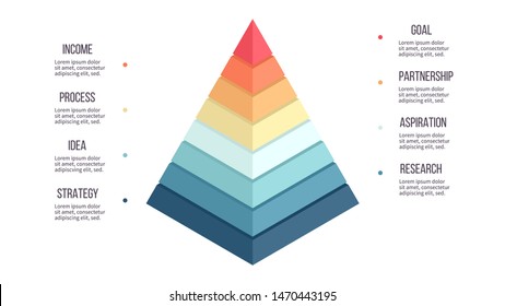 Geschäftsinformationen. Pyramid Diagramm mit 8 Schritten, Optionen, Ebenen, Ebenen. Vektorgrafik.