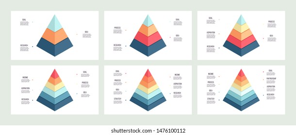 Business infographics. Pyramid charts with 3, 4, 5, 6, 7, 8 steps, options, layers, levels. Vector diagram.