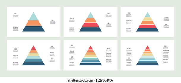 Business Infographics. Pyramid Charts With 3, 4, 5, 6, 7, 8 Steps, Options, Levels. Vector Diagram.