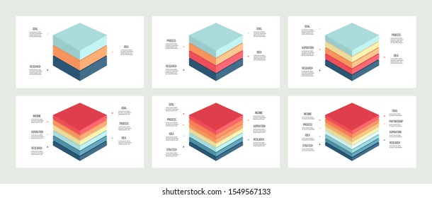 Business infographics. Pyramid charts with 3, 4, 5, 6, 7, 8 steps, options, layers, levels. Vector diagram.