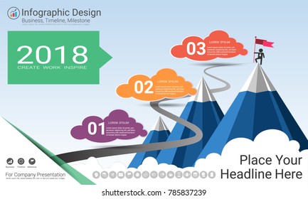Business infographics report, Milestone timeline or Road map with Process flowchart 3 options, Strategic plan to define company values, Scheduling in project management to make facts and statistics.