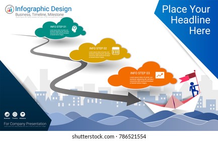 Business infographics report, Milestone timeline or Road map with Process flowchart 3 options, Strategic plan to define company values, Scheduling in project management to make facts and statistics.