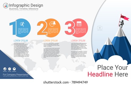Business infographics report, Milestone timeline or Road map with Process flowchart 3 options, Strategic plan to define company values, Scheduling in project management to make facts and statistics.