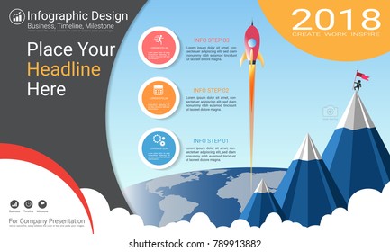 Business infographics report, Milestone timeline or Road map with Process flowchart 3 options, Strategic plan to define company values, Scheduling in project management to make facts and statistics.