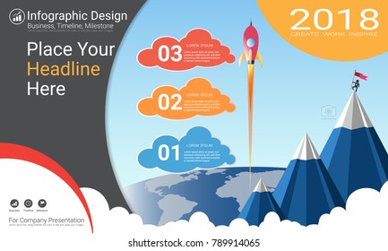 Business infographics report, Milestone timeline or Road map with Process flowchart 3 options, Strategic plan to define company values, Scheduling in project management to make facts and statistics.