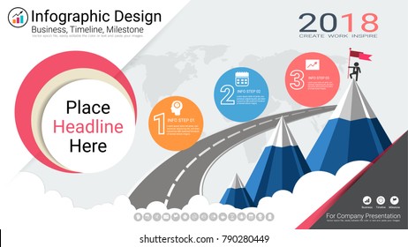 Business infographics report, Milestone timeline or Road map with Process flowchart 3 options, Strategic plan to define company values, Scheduling in project management to make facts and statistics.