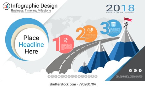 Business infographics report, Milestone timeline or Road map with Process flowchart 3 options, Strategic plan to define company values, Scheduling in project management to make facts and statistics.