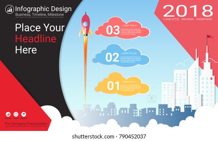 Business infographics report, Milestone timeline or Road map with Process flowchart 3 options, Strategic plan to define company values, Scheduling in project management to make facts and statistics.