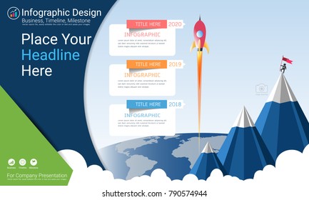 Business infographics report, Milestone timeline or Road map with Process flowchart 3 options, Strategic plan to define company values, Scheduling in project management to make facts and statistics.