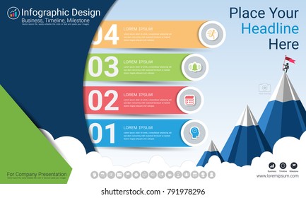 Business infographics report, Milestone timeline or Road map with Process flowchart 4 options, Strategic plan to define company values, Scheduling in project management to make facts and statistics.