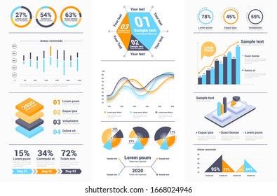 Business infographics set with different diagram. Data visualization elements, marketing charts and graphs. Website and presentation template. Abstract infographics data template. Vector illustration