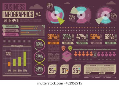 Business infographics set with different diagram vector illustration. Data visualization elements, marketing charts and graphs. Website and presentation template. Abstract infographics data template.