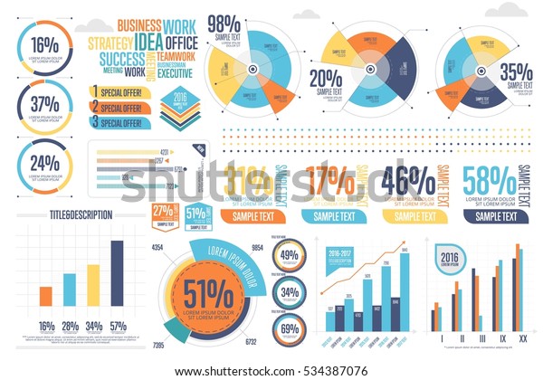 Business infographics set with different\
diagram vector illustration. Data visualization elements, marketing\
charts and graphs. Website and presentation template. Abstract\
infographics data\
template.