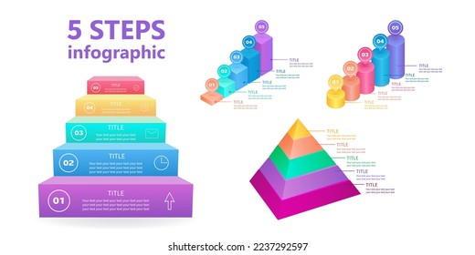 infografías de negocios. Un conjunto de escaleras y pirámides de 5 escalones. 3 D. Ilustración vectorial.