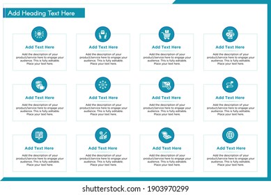 Infografías de negocio para mostrar productos, servicios con descripciones e iconos en azul y verde. Plantilla de ilustración vectorial para presentación.