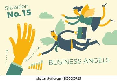 Business infographics, business situations.  Business angel. Man and woman angels with wings flying to the rescue. Investor, sponsor finances new projects.  Vector illustration of flat design. 