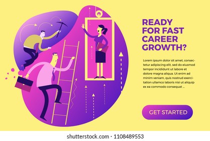 Business infographics, business situations. Career ladder, service Elevator, workers strive upward, achievement goal, career, professional growth. The way up through the ranks. Business people. Flat.