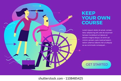 Business infographics, business situations. A man and a woman are at the helm. Team work, employees go to the goal in a single way, the course forward to success. To see the future. 