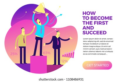 Business infographics, business situations. The winners are on the victory podium. Awarding of winners. Result of competitions.  Award for success and effort. Victory in business. Success in work. 