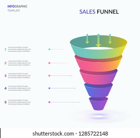 Business infographics with stages of a Sales Funnel. Concept of five stages of startup development. Modern infographic design template. Vector illustration for presentation 