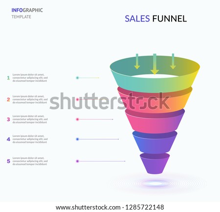 Business infographics with stages of a Sales Funnel. Concept of five stages of startup development. Modern infographic design template. Vector illustration for presentation 