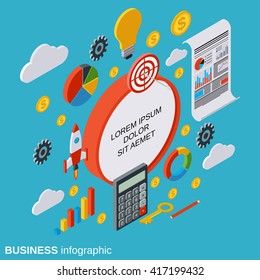 Business infographics, statistics, analysis flat isometric vector concept illustration