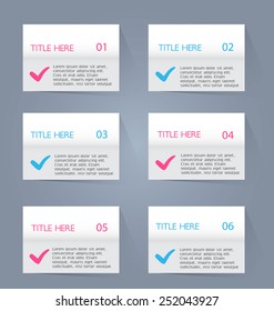 Business infographics tabs template for presentation, education, web design, banners, brochures, flyers. Pink and blue colors. Green and purple. Vector illustration.