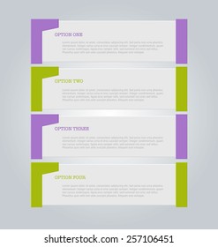 Business infographics tabs template for presentation, education, web design, banners, brochures, flyers.  Green and purple. Vector illustration.