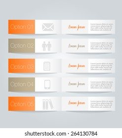 Business infographics tabs template for presentation, education, web design, banners, brochure, flyer. Orange color. Vector illustration.