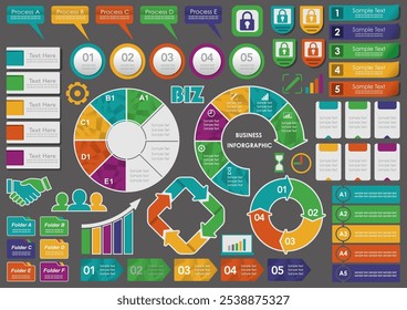 Business Info-Graphics, Tags, And Icons Set Isolated On A Dark Gray Background. Vector illustration.