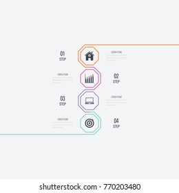 Business infographics template 4 steps. Data and information visualization. Dynamic infographics stylish geometric. element for design business invitations, gift cards, flyers and brochures
