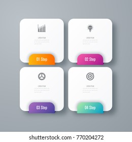 Business infographics template 4 steps square. Data and information visualization. Dynamic infographics stylish geometric. element for design business invitations, gift cards, flyers and brochures