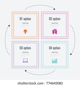 Business infographics template 4 steps square. Data and information visualization. Dynamic infographics stylish geometric. element for design business invitations, gift cards, flyers and brochures