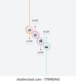 Business infographics template 4 steps. Data and information visualization. Dynamic infographics stylish geometric. element for design business invitations, gift cards, flyers and brochures