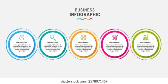 business infographics template with 5 circles on timeline diagrams in white color background