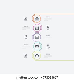 Business infographics template 5 steps. Data and information visualization. Dynamic infographics stylish geometric. element for design business invitations, gift cards, flyers and brochures