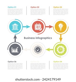 Business infographics template with 6 elements, steps, options, parts or processes. Isolated on white background.