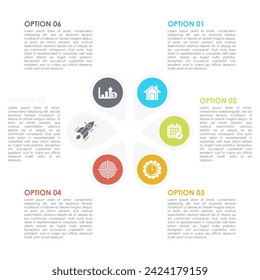 Business infographics template with 6 elements, steps, options, parts or processes. Isolated on white background.