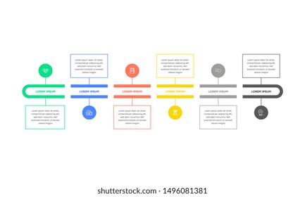 Business infographics template with 6 steps on timeline diagrams in white color background. Can be used for process diagram, presentations, workflow layout, banner, flow chart, info graph.