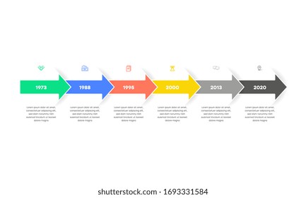 Business-Infografik-Vorlage mit 6 Schritten zu Timeline-Diagrammen auf weißem Hintergrund. Kann für Prozessdiagramm, Präsentationen, Workflow-Layout, Banner, Flussdiagramm, Infografik verwendet werden.