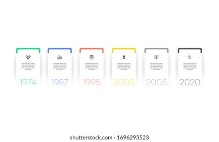 Business infographics template with 6 steps on timeline diagrams in white color background. Can be used for process diagram, presentations, workflow layout, banner, flow chart, info graph.