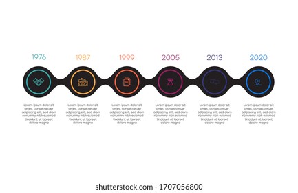 Business infographics template with 6 steps on timeline diagrams in white color background. Can be used for process diagram, presentations, workflow layout, banner, flow chart, info graph.