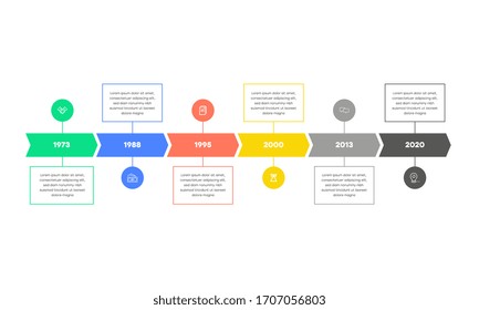 Business infographics template with 6 steps on timeline diagrams in white color background. Can be used for process diagram, presentations, workflow layout, banner, flow chart, info graph.