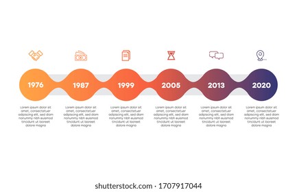 Business infographics template with 6 steps on timeline diagrams in white color background. Can be used for process diagram, presentations, workflow layout, banner, flow chart, info graph.