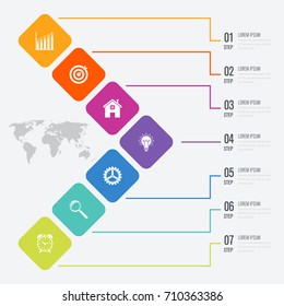 Business infographics template 7 steps with square. Dynamic infographics stylish geometric. element for design business invitations, gift cards, flyers and brochures
