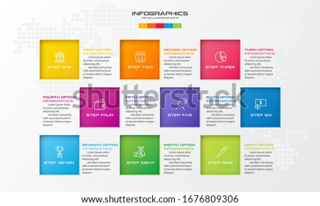 Business infographics template 9 steps with square,Element for design invitations,Vector illustration.